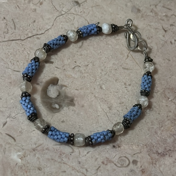 New Handmade Bracelet-Homemade Tube Beads in Blue with White Beads-Hook Closure - Picture 6 of 10